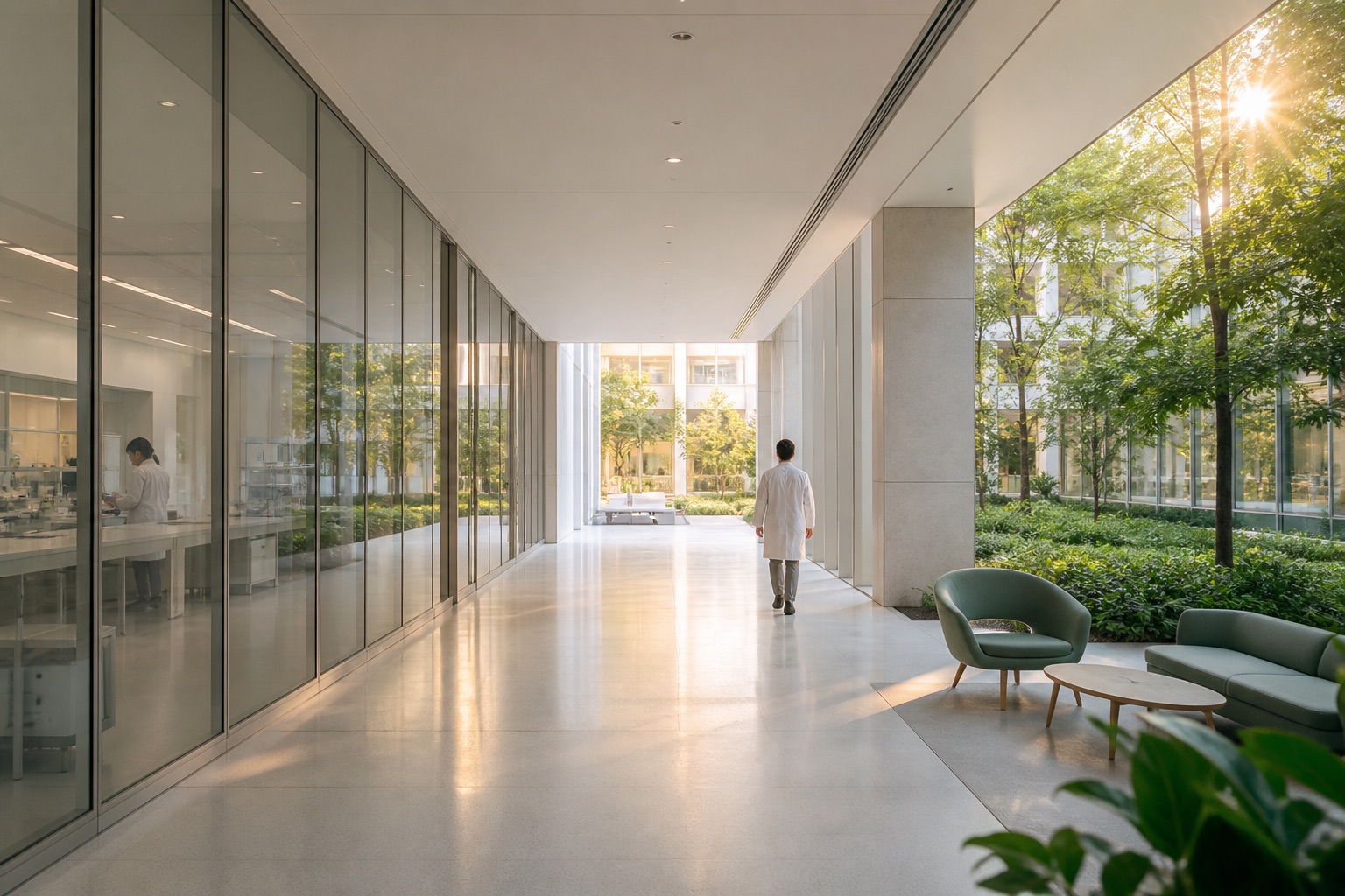 Arquitectura clínica contemporánea con luz natural